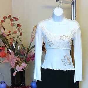 NWT Women’s Scoop Neck Long Sleeve White Embroidered Cardigan Sweater XS S